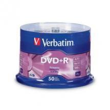 VERBATIM DVD+R 4.7GB 50Pk Spindle featuring a stack of discs in a clear plastic container, ideal for data and video storage.